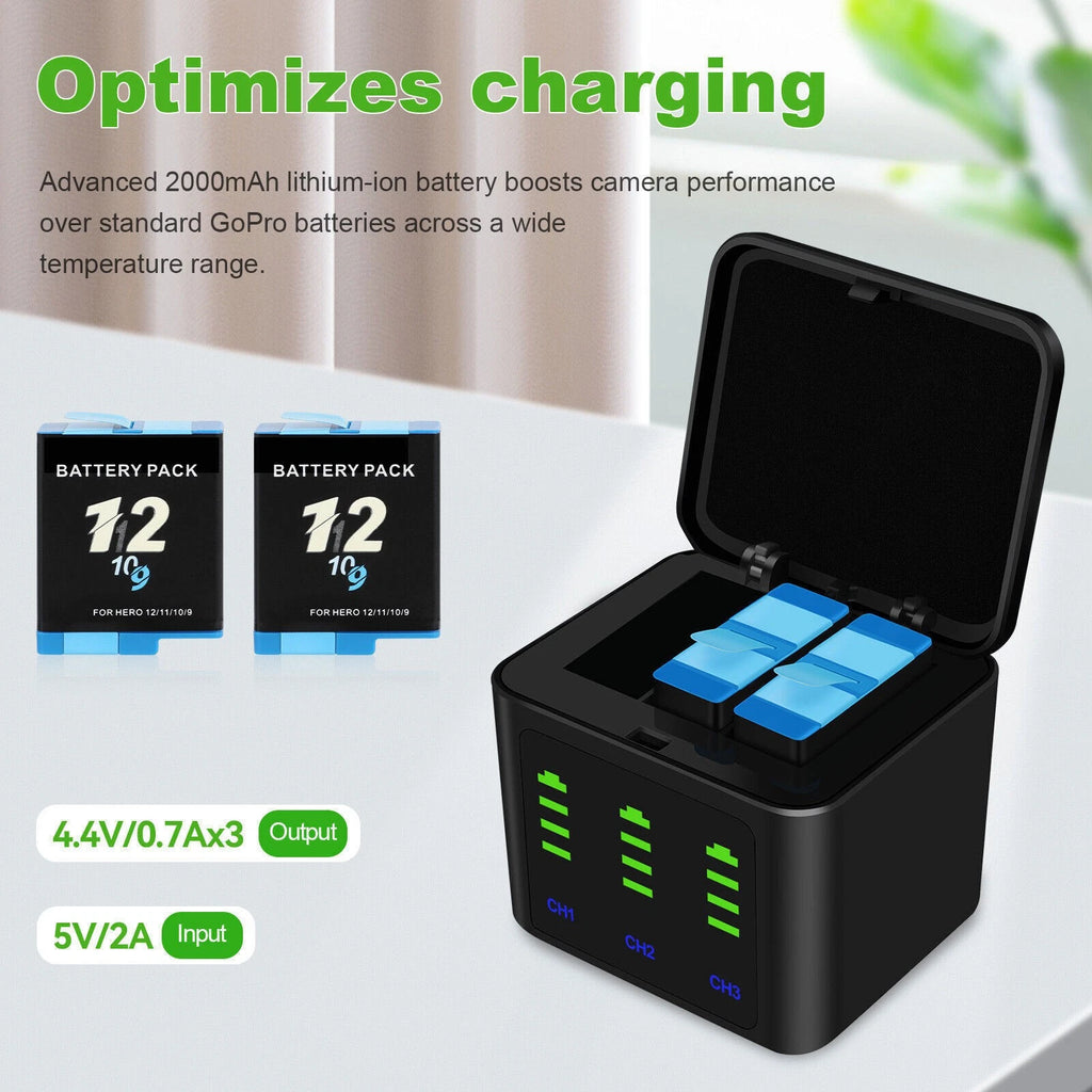 3-Channel Battery Charger With 2/3 Batteries For GoPro Hero 9/10/11/12 Black