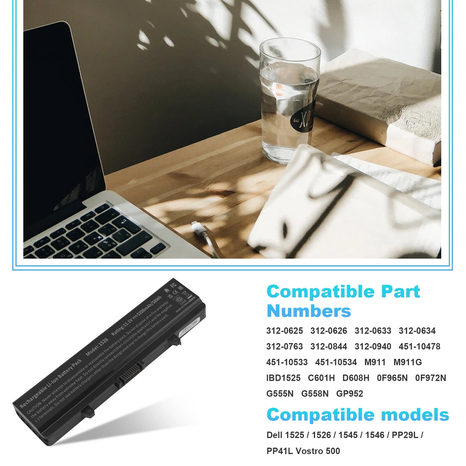 1525 Battery for Dell Inspiron 1526 1440 1545 1546 1750 Vostro 500 X284G 5200mAh
