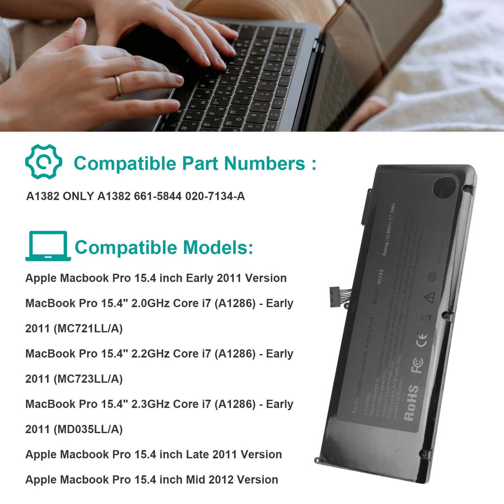 ?A1382 Battery For Apple MacBook Pro 15" A1286 (Early/Late 2011 Mid 2012) 77.5Wh