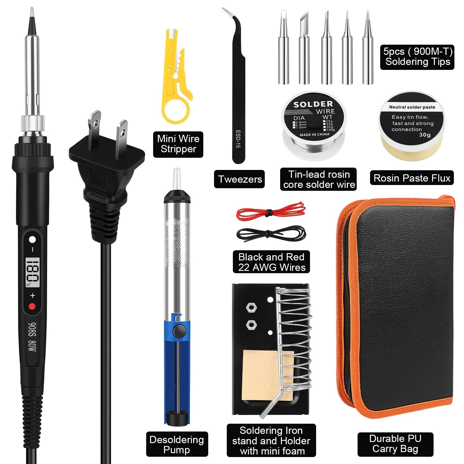 80W Soldering Iron Kit Electric Welding Tool Solder Tips Adjustable Temperature