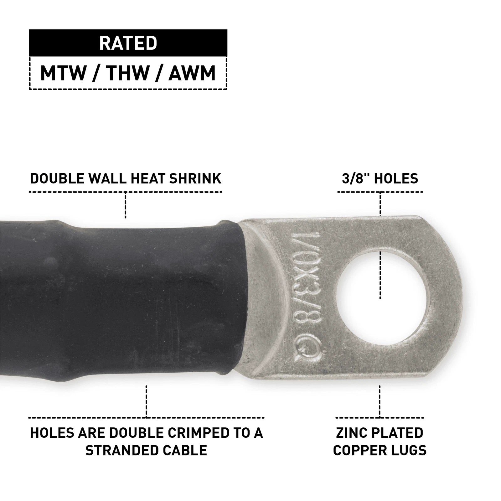 1/0 Black Battery Interconnect Cable 18" with 3/8" Lugs ASSEMBLED IN USA