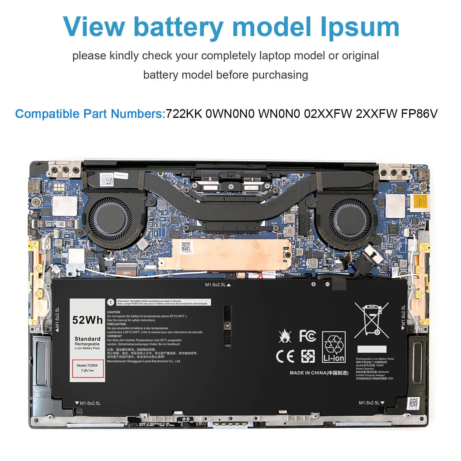 52WH 722KK Laptop Battery For DELL XPS 13 9310 9300 0WN0N0 WN0N0 02XXFW 2XXFW