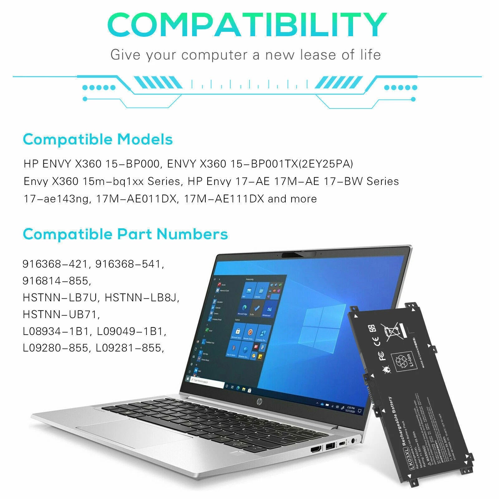 LK03XL Battery For HP ENVY X360 15-BP 15-BQ 17-CE L09281-855 916814-855 55.8Wh