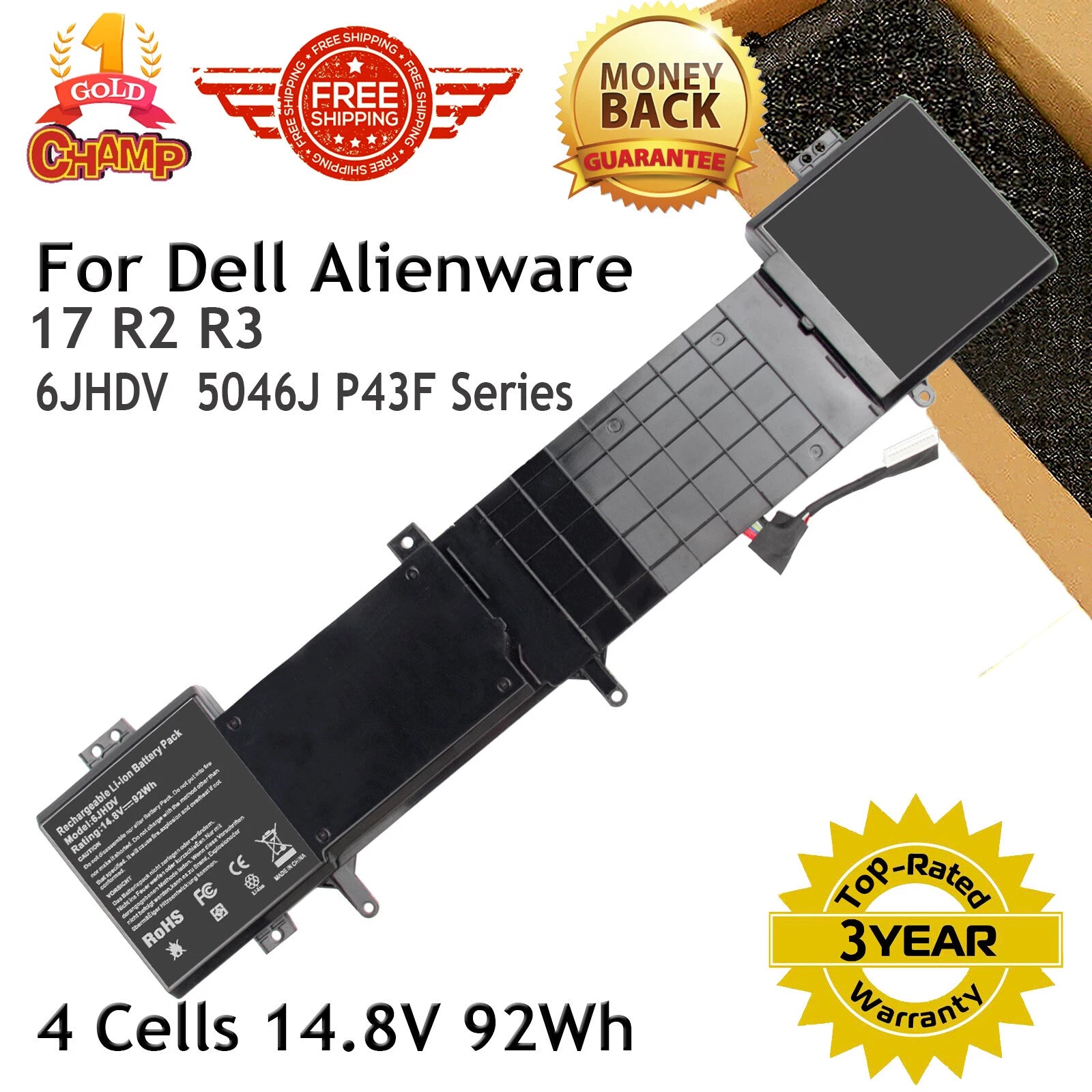6JHDV YKWXX Laptop Battery for Dell Alienware 17 R2 5046J P43F Series Laptop