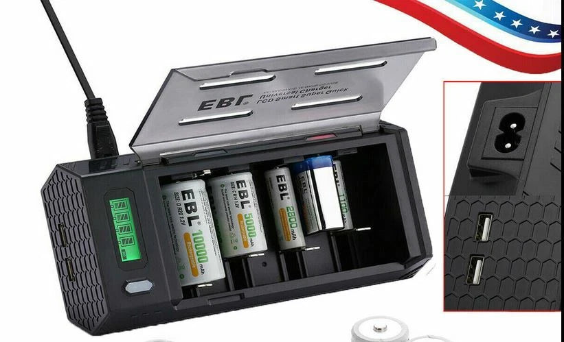 EBL Universal Battery Charger w/ 4 D size cell 10000mAh w/cases 1.2v NI-MH
