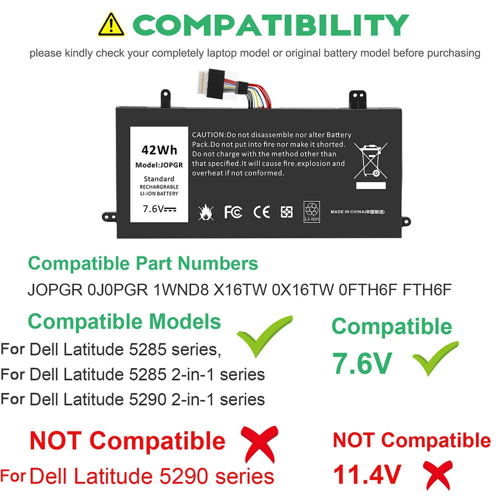 42Wh Battery for Dell Latitude 12 5290 5285 2-in-1 J0PGR JOPGR 0J0PGR T17G