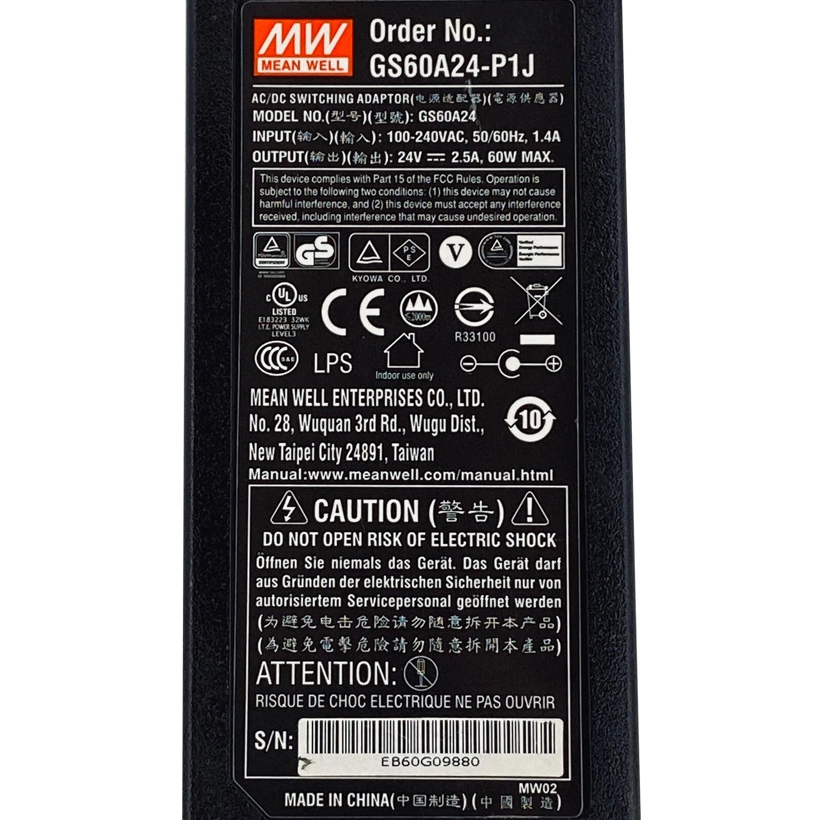 NEW OEM 60W Mean Well GS60A24-P1J AC Adapter 24V 2.5A Power Supply 5.5x2.0mm