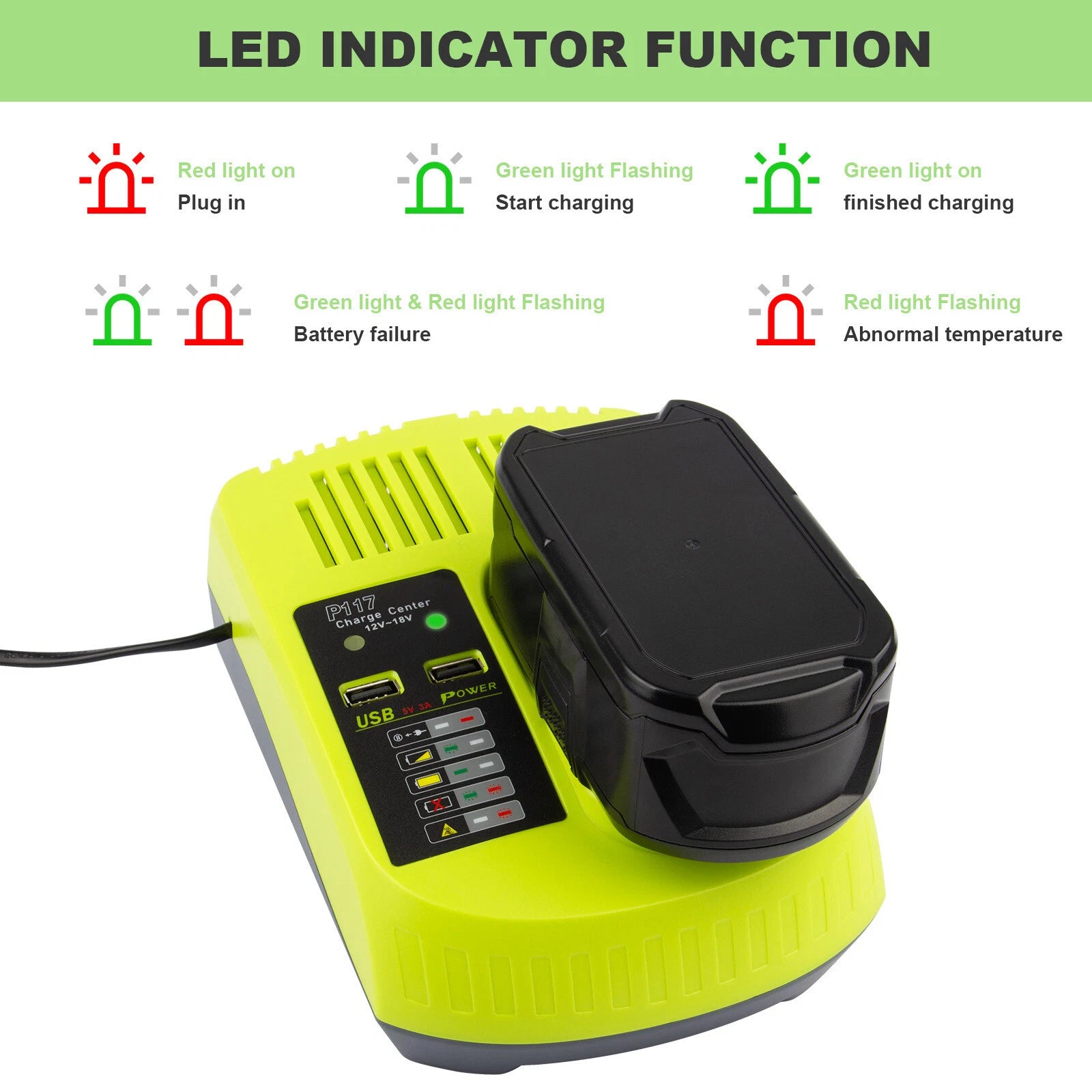 P117 Charger For RYOBI P108 18V For One+ Plus High Capacity Lithium-Ion Battery