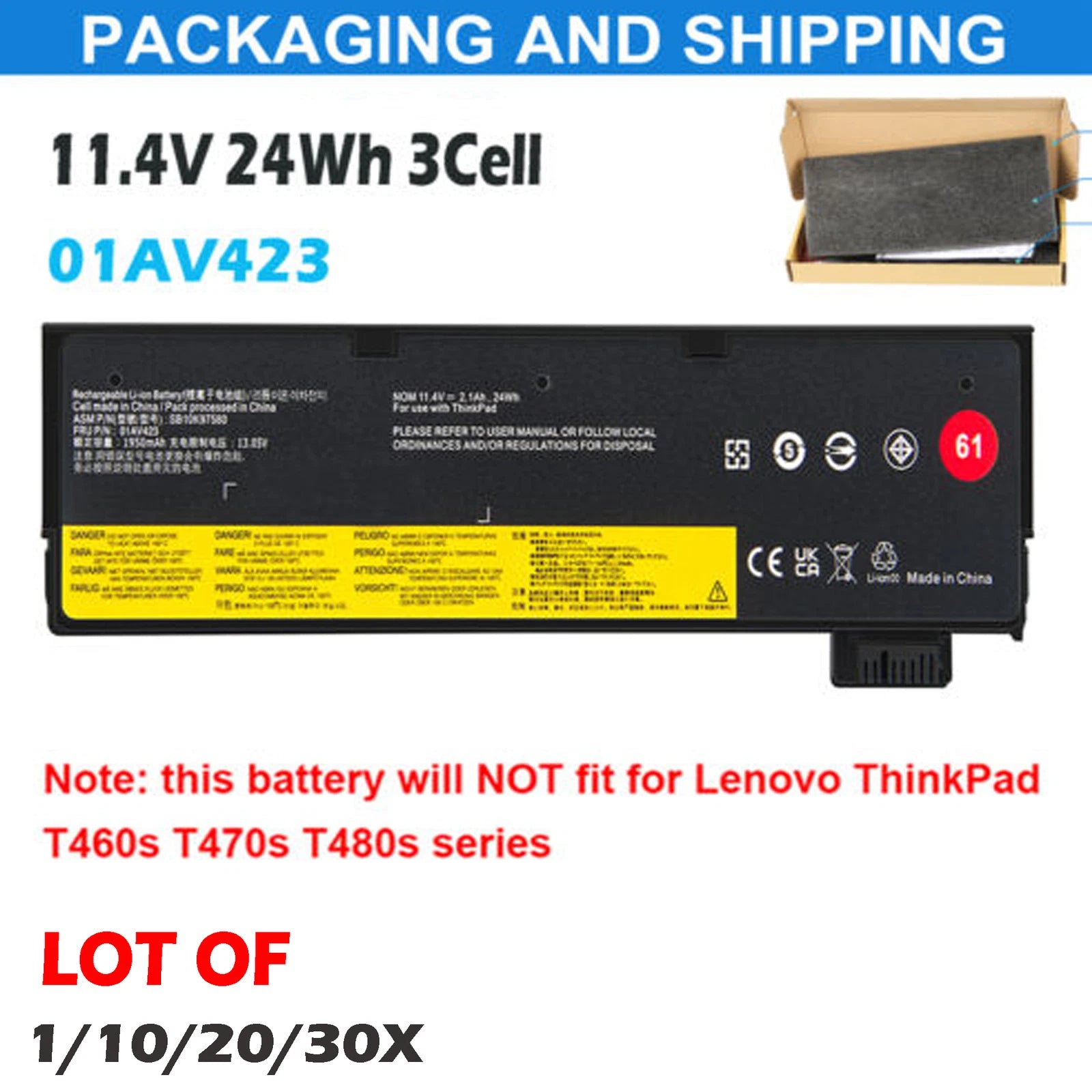 ??LOT 1-30x 61 Battery 01AV423 For Lenovo Thinkpad T470 T480 T570 T580 P51s P52s