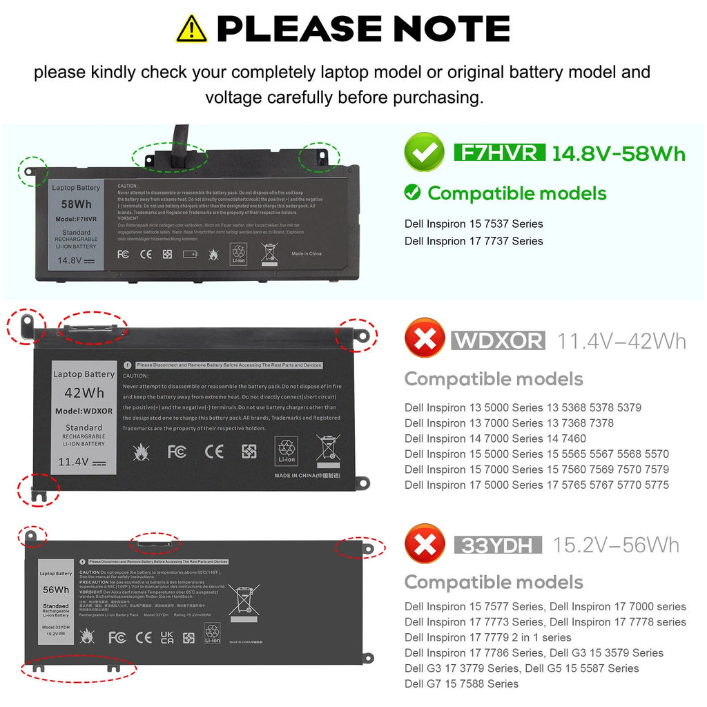 F7HVR Battery For Dell Inspiron 17 7000 7737 7746 14 15 15r 5545 58Wh PC