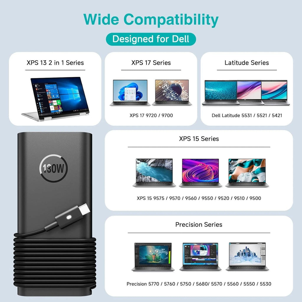 130W USB-C Laptop Charger Power Adapter for Dell XPS 15 2-in-1 9575 17 9700