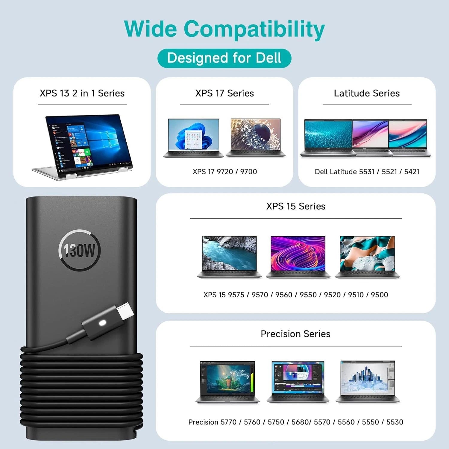 130W USB-C Laptop Charger Power Adapter for Dell XPS 15 2-in-1 9575 17 9700