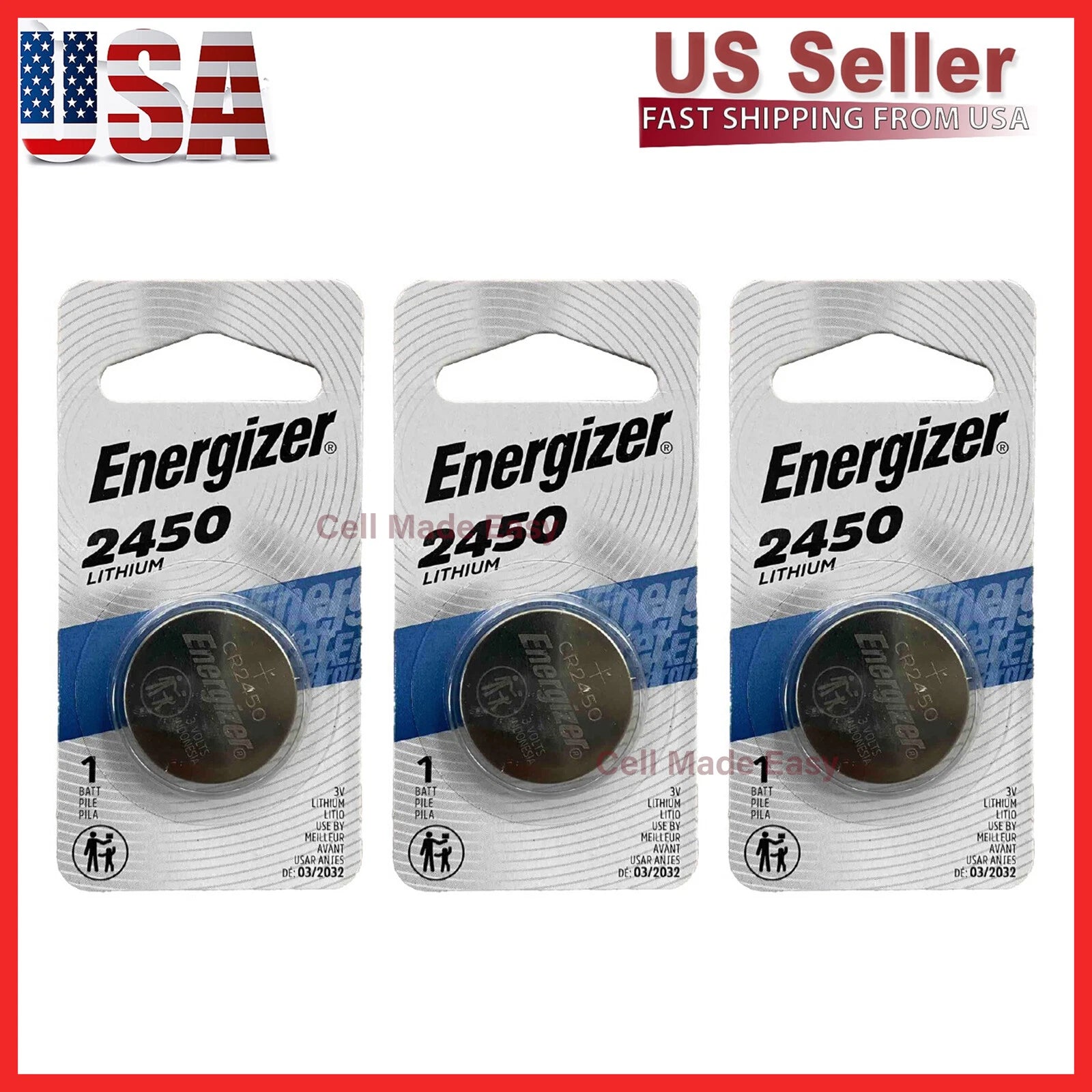 3 Pack New Fresh Energizer ECR2450 CR2450 BR2450 Lithium 3V Battery Exp 03/2034