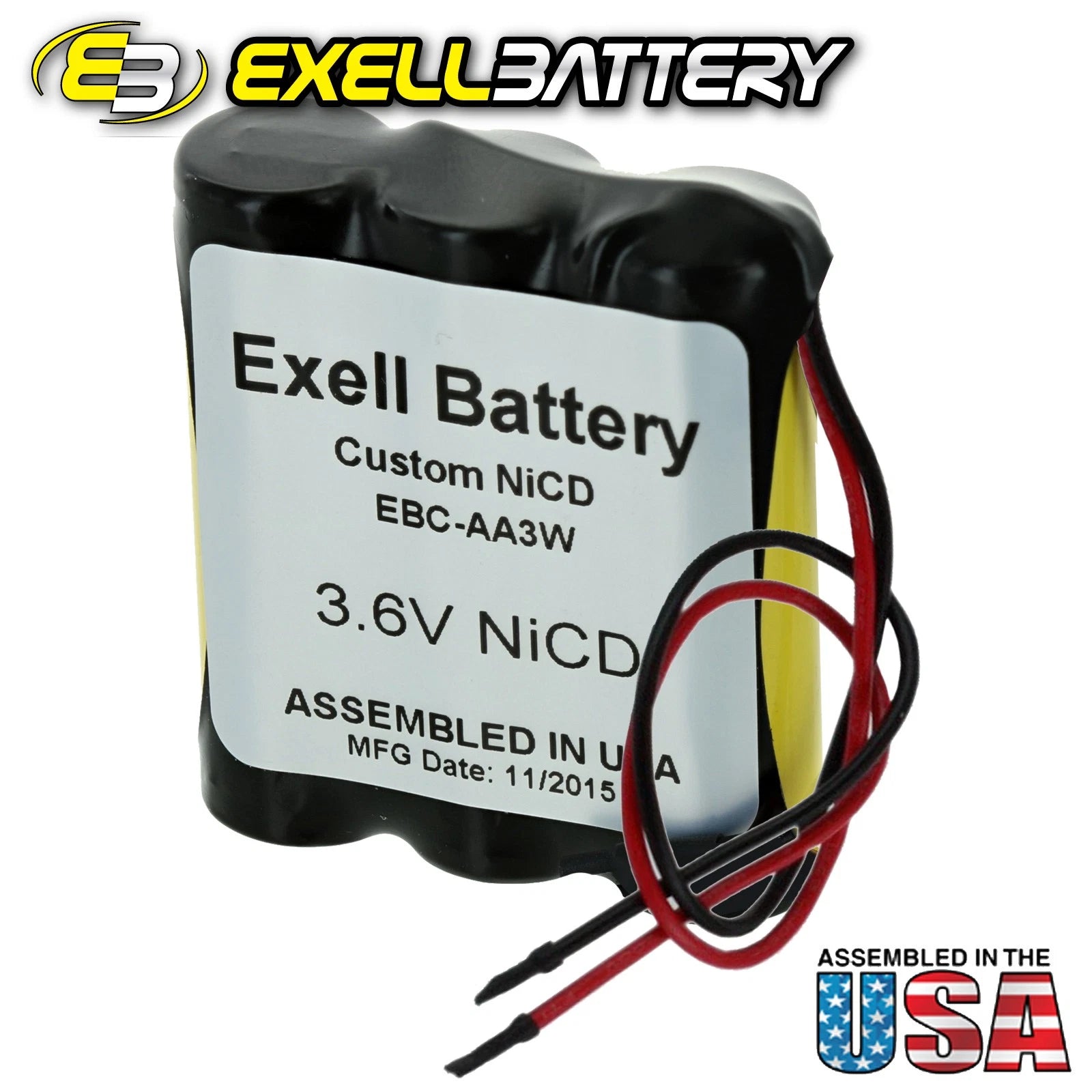 Exell 3.6V Custom NiCd 1000mAh Battery Pack w/ 5" AWG Bare Wire Leads