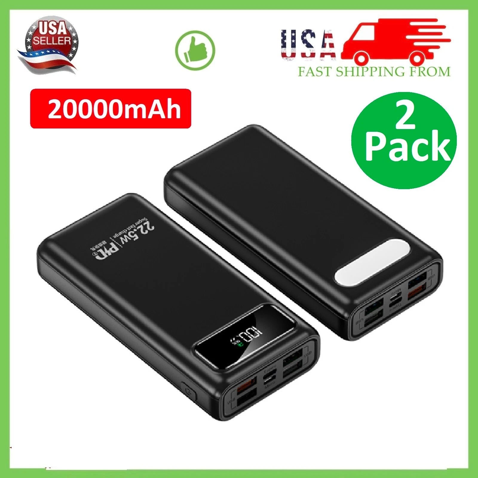2 x Power Bank 20000mAh Charging Portable External Battery Backup for iPhone