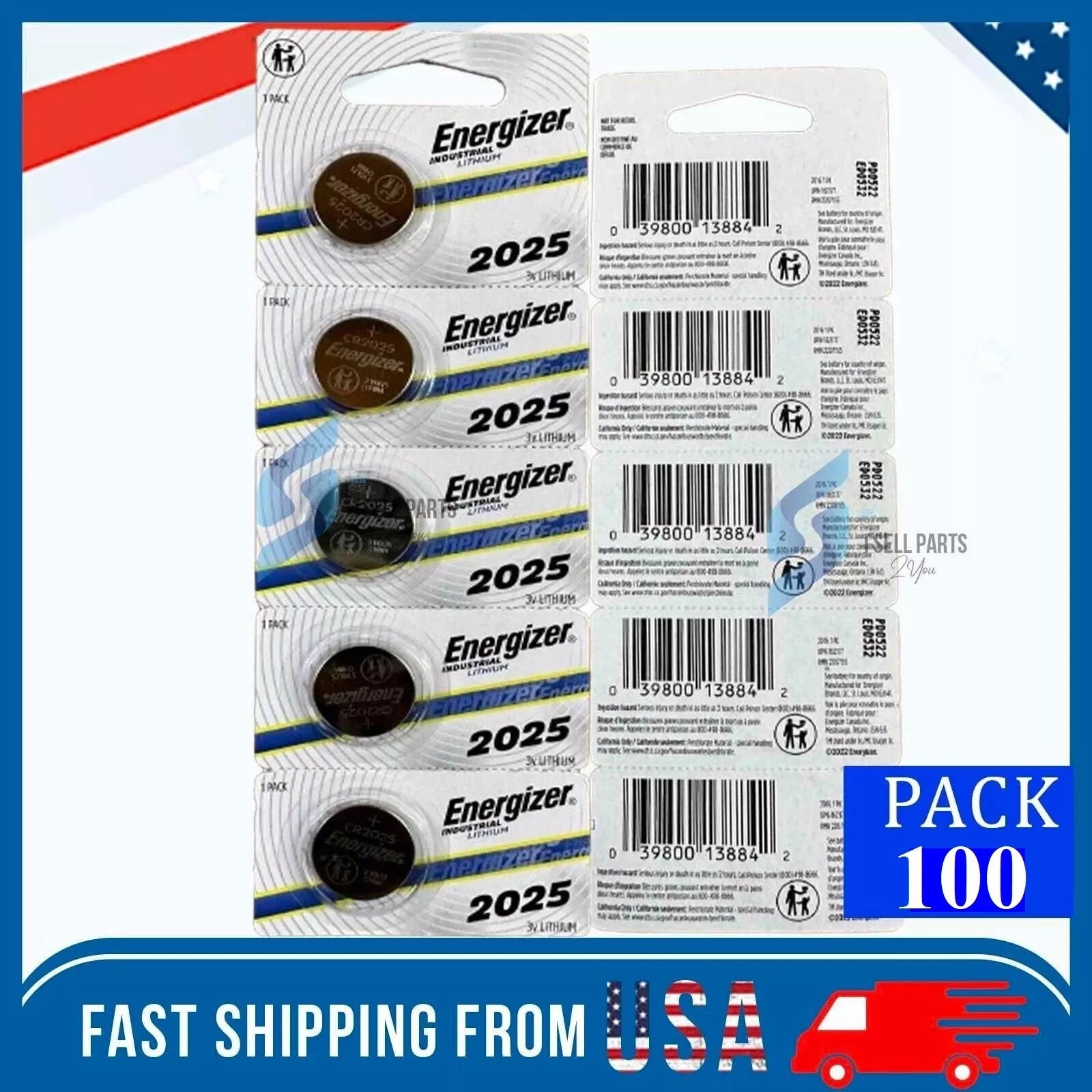 100 Pack Fresh Energizer ECR 2025 CR 2025 Lithium 3V Coin Cell Battery CR2025
