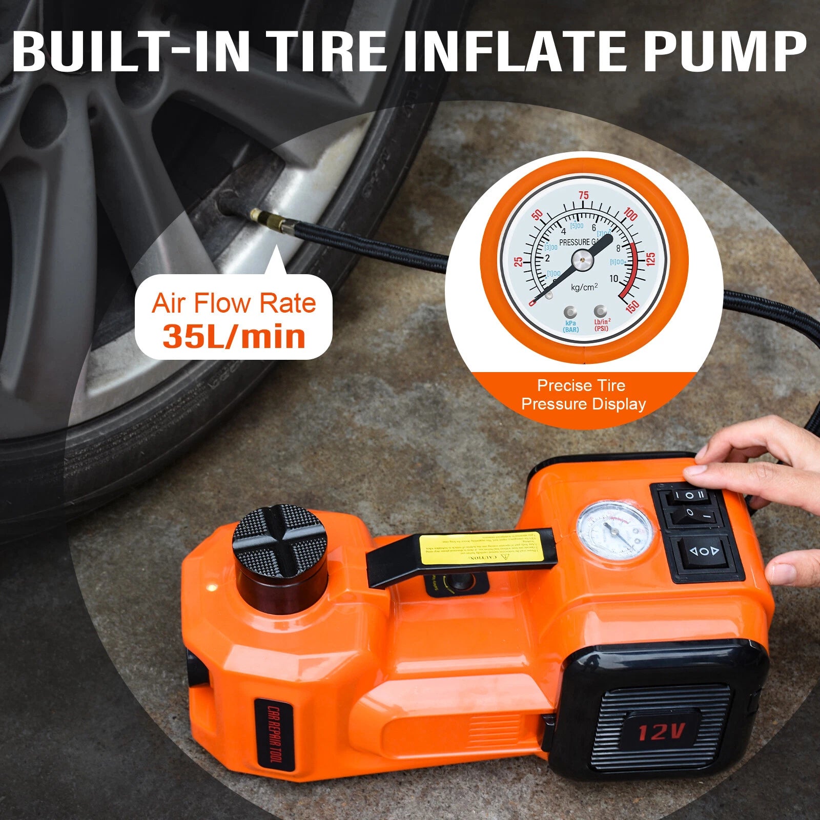 Car Jack 12V DC 5 Ton Electric Hydraulic Floor Lift Jack Tire Inflator Pump Tool