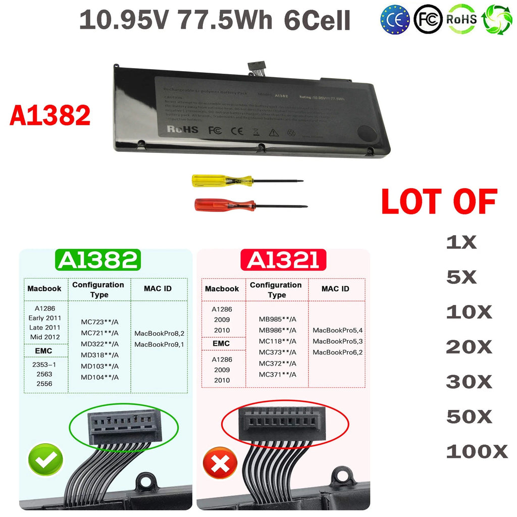 LOT A1382 Battery for Apple MacBook Pro Unibody 15" A1286 2011 2012 10.95V 77.5W