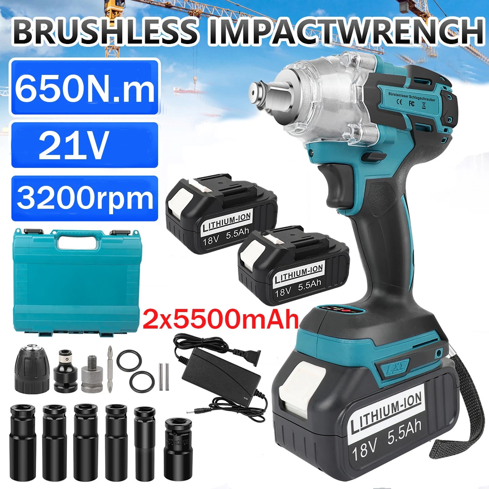 Cordless Electric Impact Wrench Gun W/ 2x 5500mAh Battery 1/2'' High Power Drive