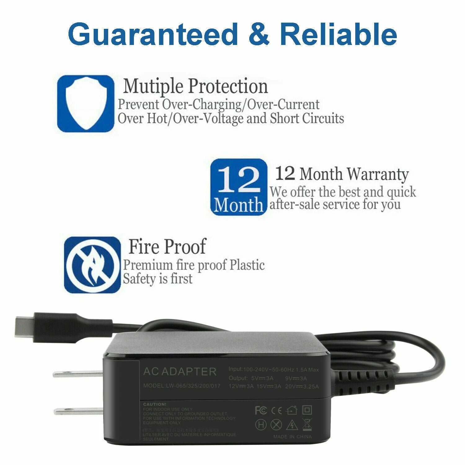 Universal PD 65W Super Fast Charger Type C Laptop Power Supply Adapter with Cord