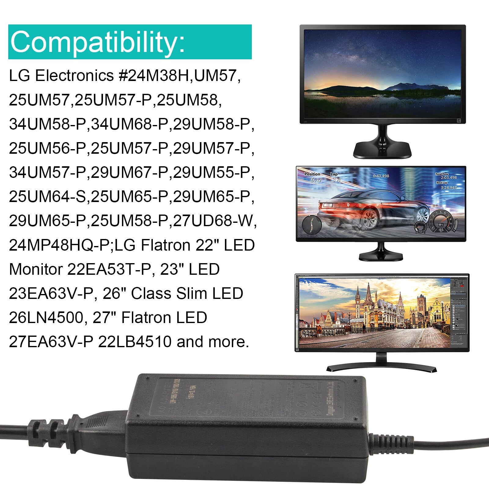 For LG 19" to 27" LED LCD Monitor Widescreen HD TV AC Charger Power Adapter 19V