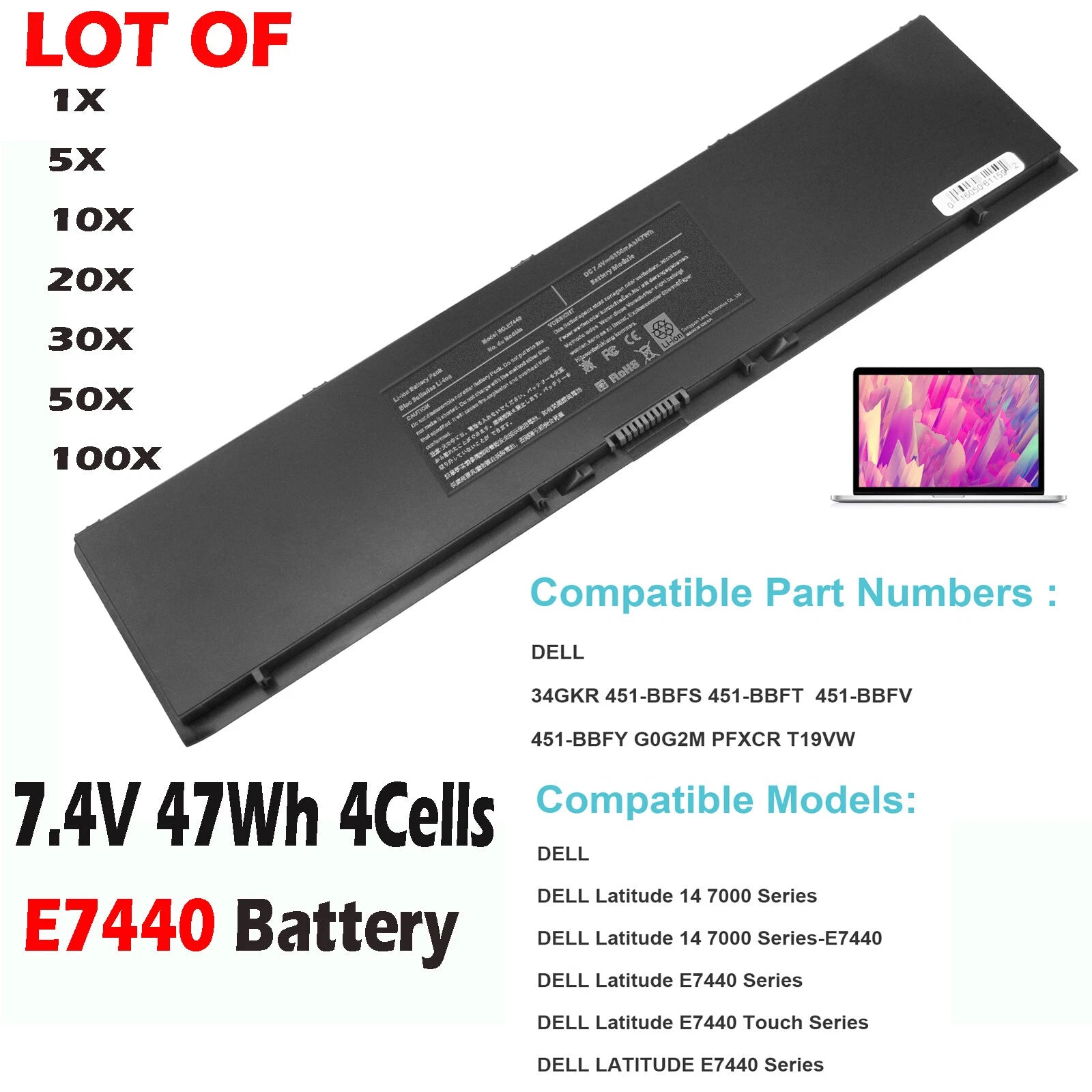 ??LOT OF Battery E7440 For Dell Latitude 14 7000 PFXCR 34GKR PFXCR 451-BBFT 47Wh