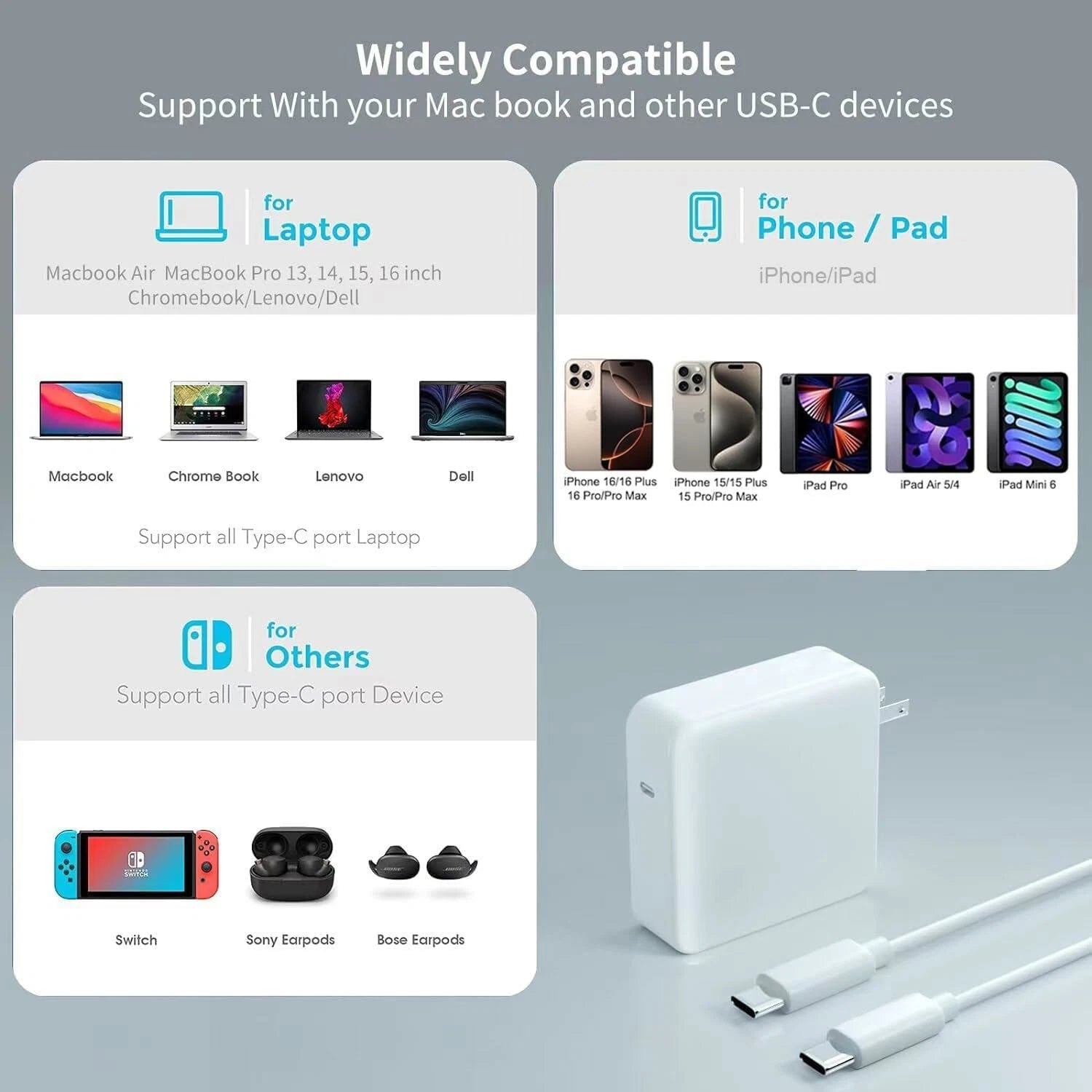 61W USB-C to USB-C Cable Fast Charging For MacBook Air 2024 2023 2022 2021 2020