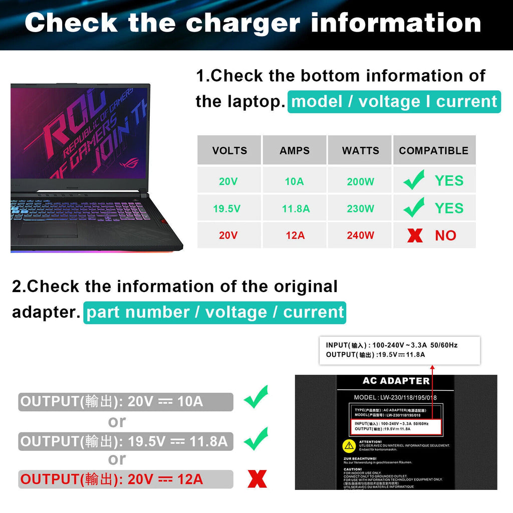 230W AC Adapter Charger For ASUS ROG Zephyrus S G14 G15 Series Laptop 6.0*3.7mm