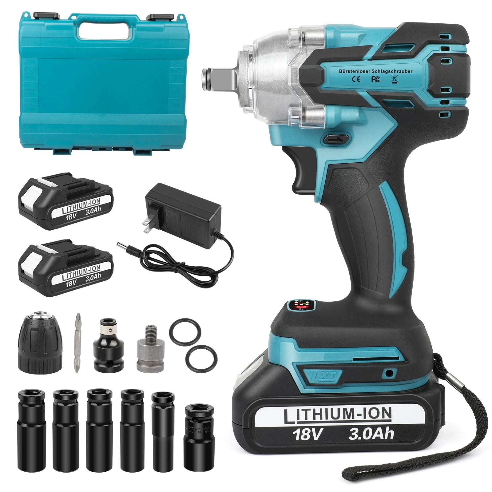 Cordless Impact Wrench 1/2" 650Nm High Torque Brushless Drill with 2xBattery 18V