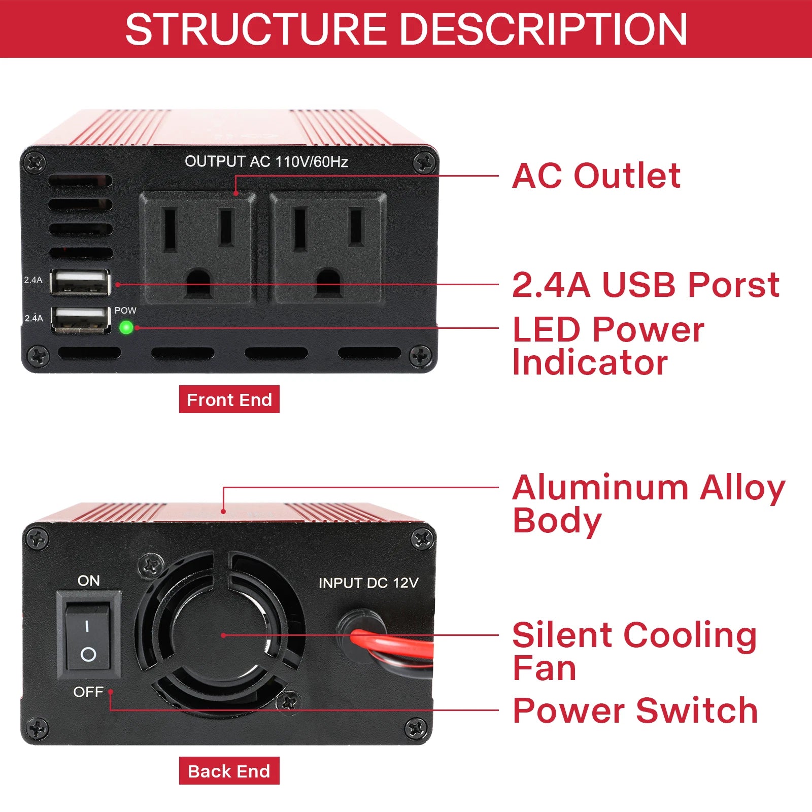 1000W Car Power Inverter DC 12V to AC 110V Converter Adapter Charger Outlet