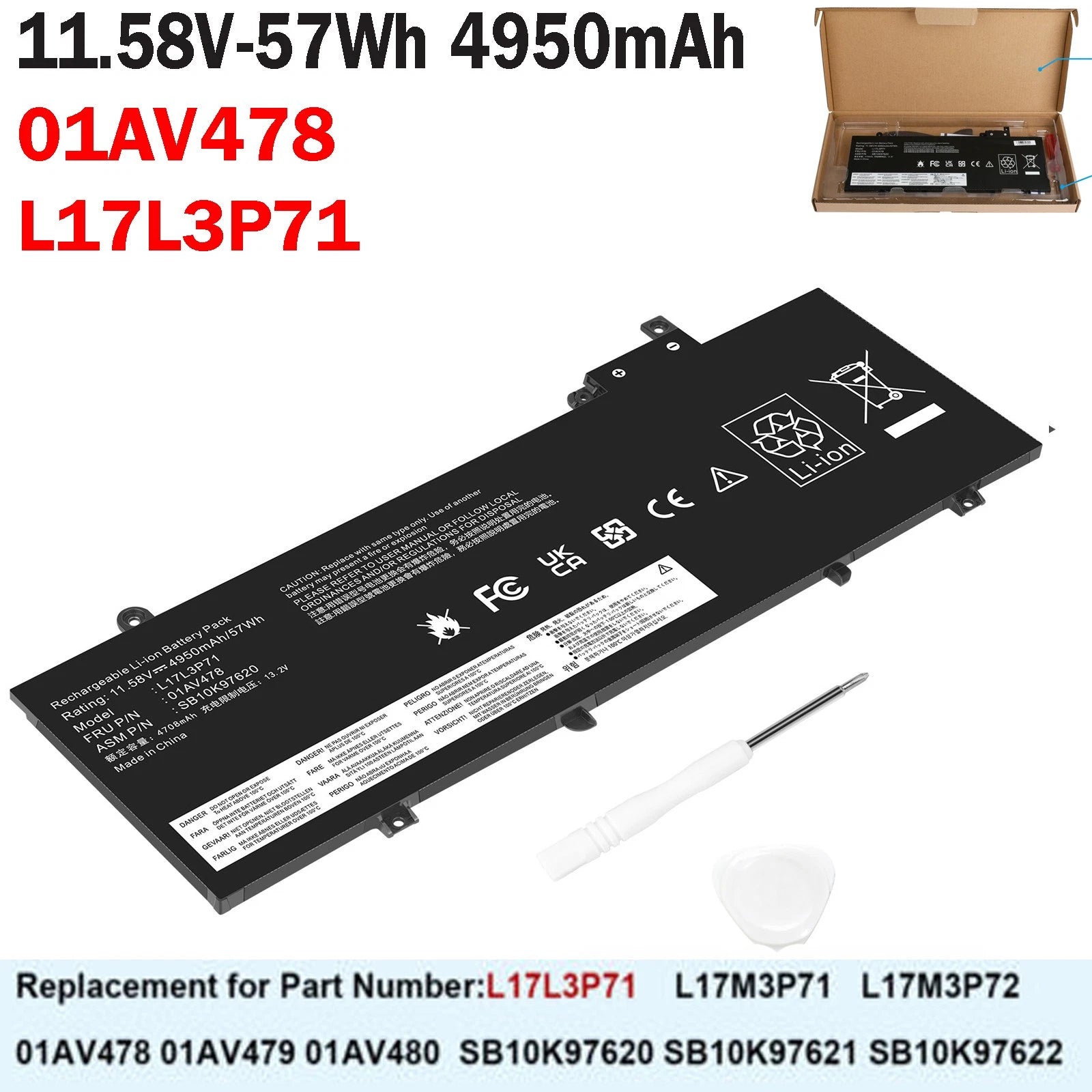01AV478 Battery For Lenovo ThinkPad T480s Series 01AV480 01AV479 L17L3P71 57Wh