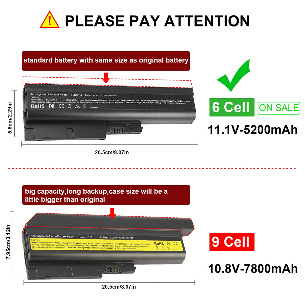6 Cell 5200mAH Battery for IBM Lenovo Thinkpad T60p T61p R60e Z60m Z61 Z61e Z61M