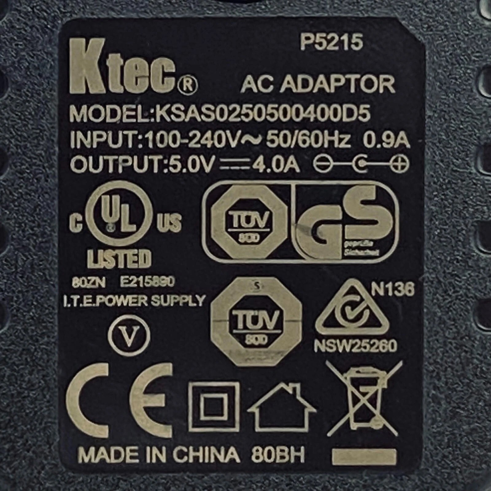 NEW Genuine Ktec Wall AC Adapter KSAS0250500400D5 Power Supply 5V 4A - 5.5x2.5mm