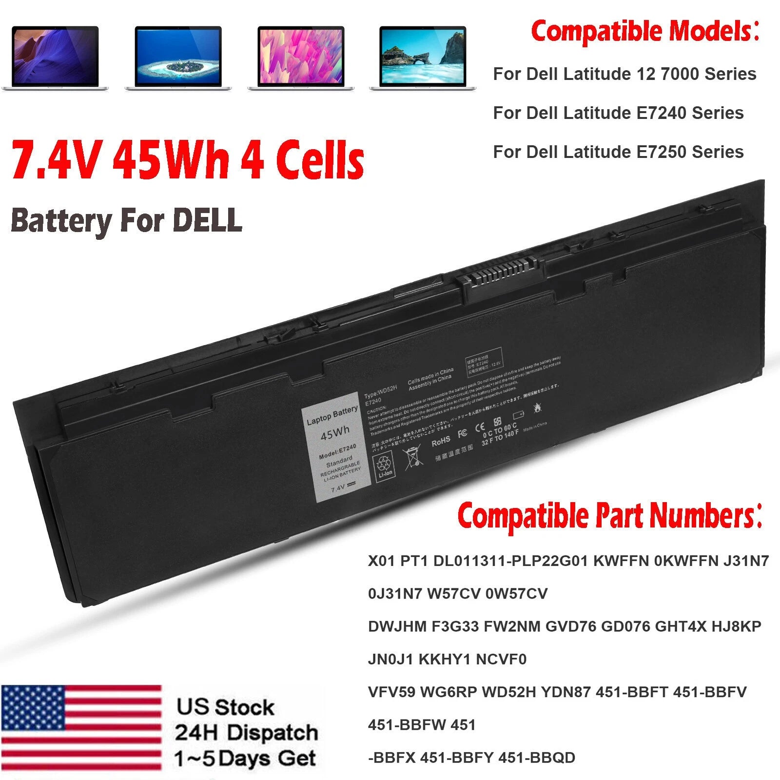 LOT E7240 GVD76 Battery For Dell Latitude E7250 VFV59 F3G33 WD52H KKHY1 451-BBFW