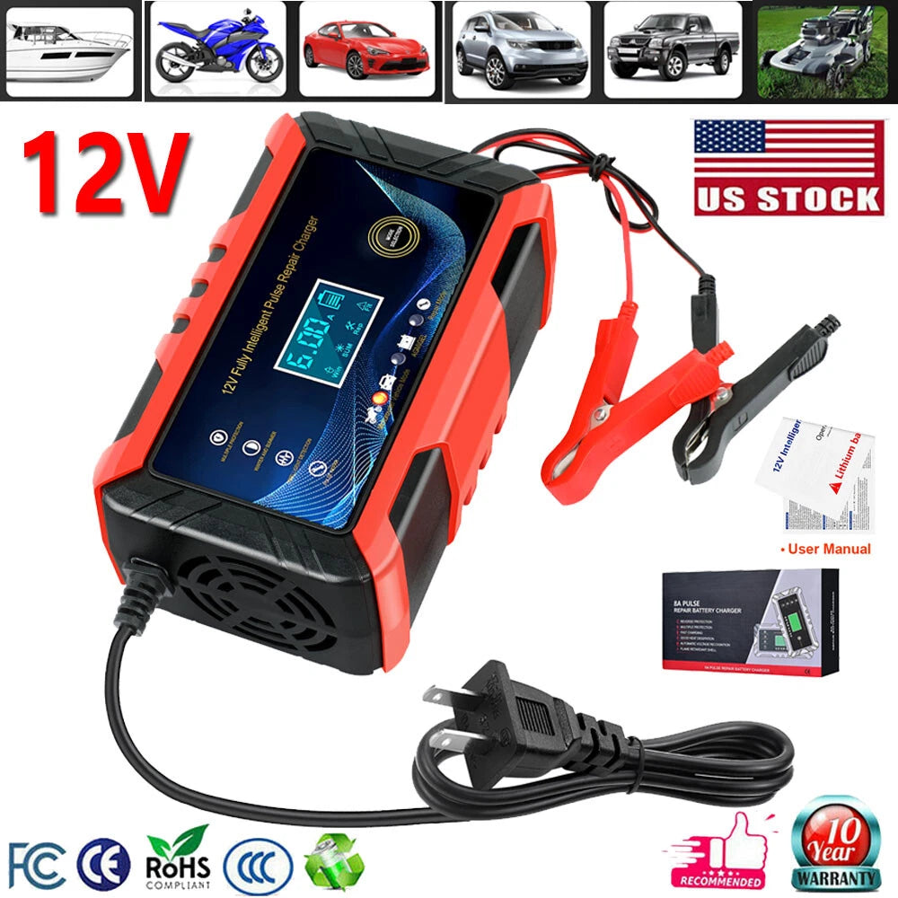 12V 6A LCD Car Battery Charger Jumper Cable for Truck Motorcycle Lawn Mower SUV