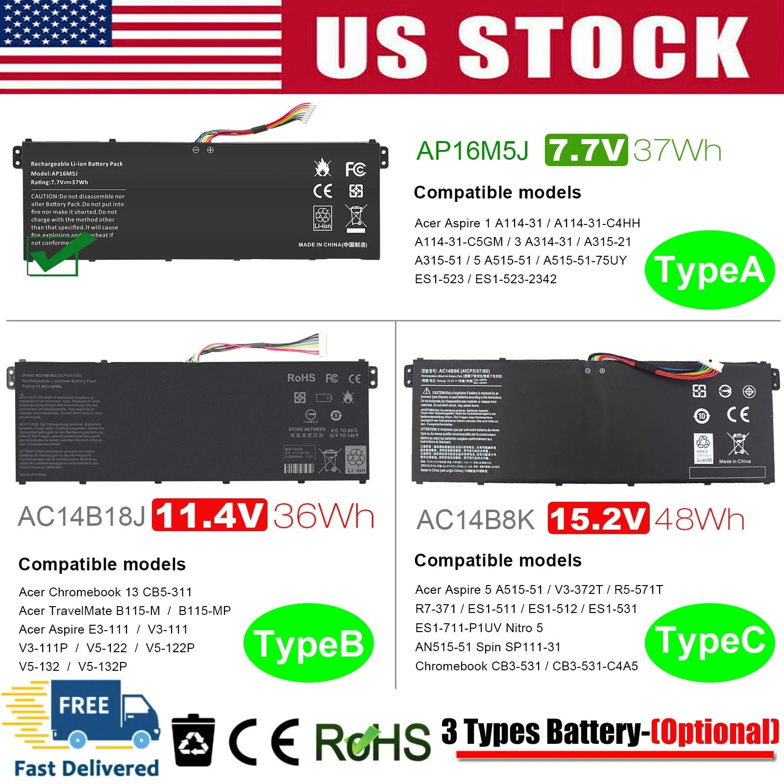 ?AC14B8K Battery For Acer Aspire 5 A515-51 CB3-111 ES1-511 AC14B18J AP16M5J NEW