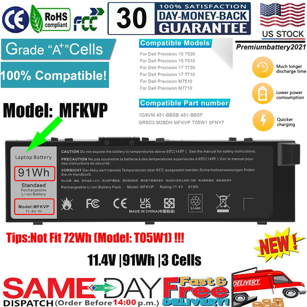 ?MFKVP Laptop Battery for Dell Precision 15 7510 7520 M7510 17 7710 7720 91Wh US