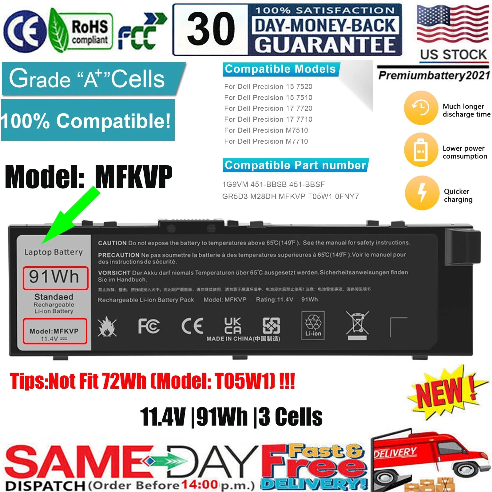 ?MFKVP Laptop Battery for Dell Precision 15 7510 7520 M7510 17 7710 7720 91Wh US