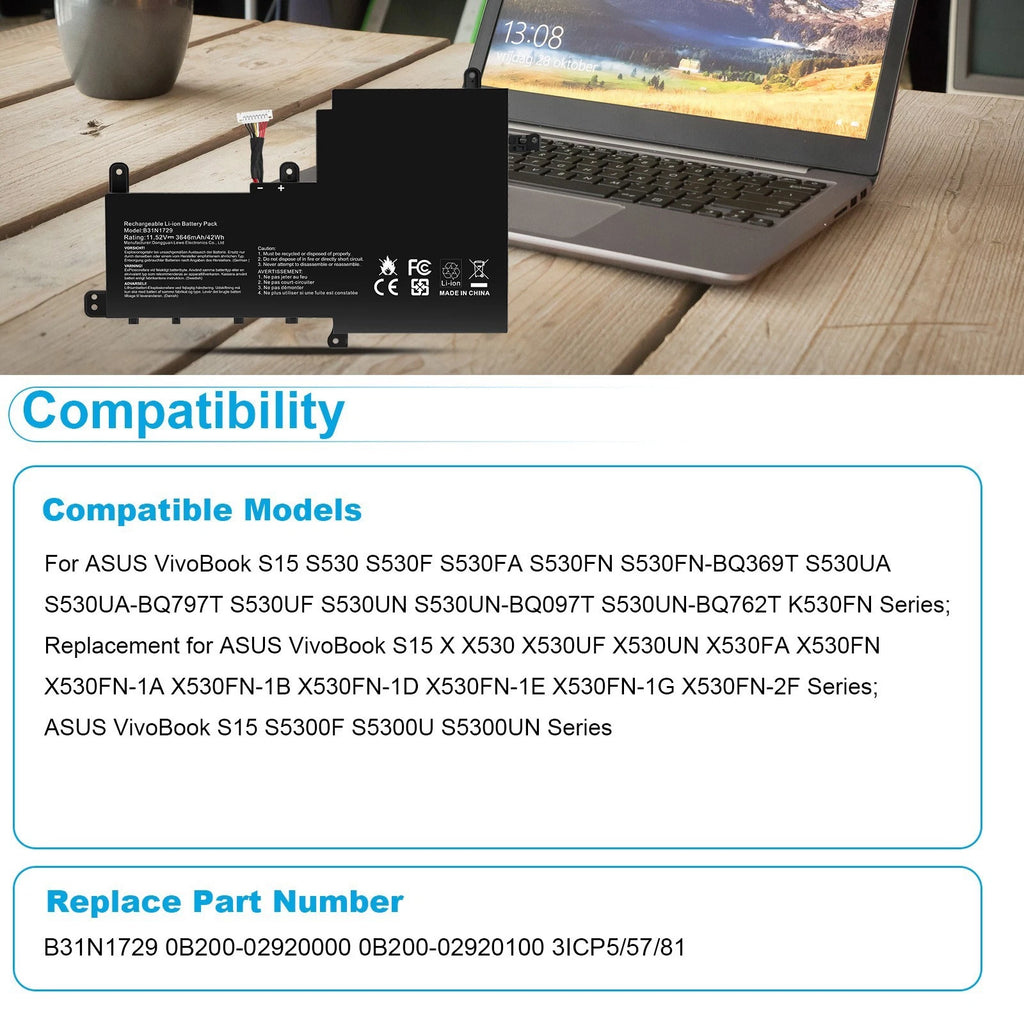 Replace B31N1729 Battery For ASUS VivoBook S15 S530F S530UA S530UN X530FN S5300F