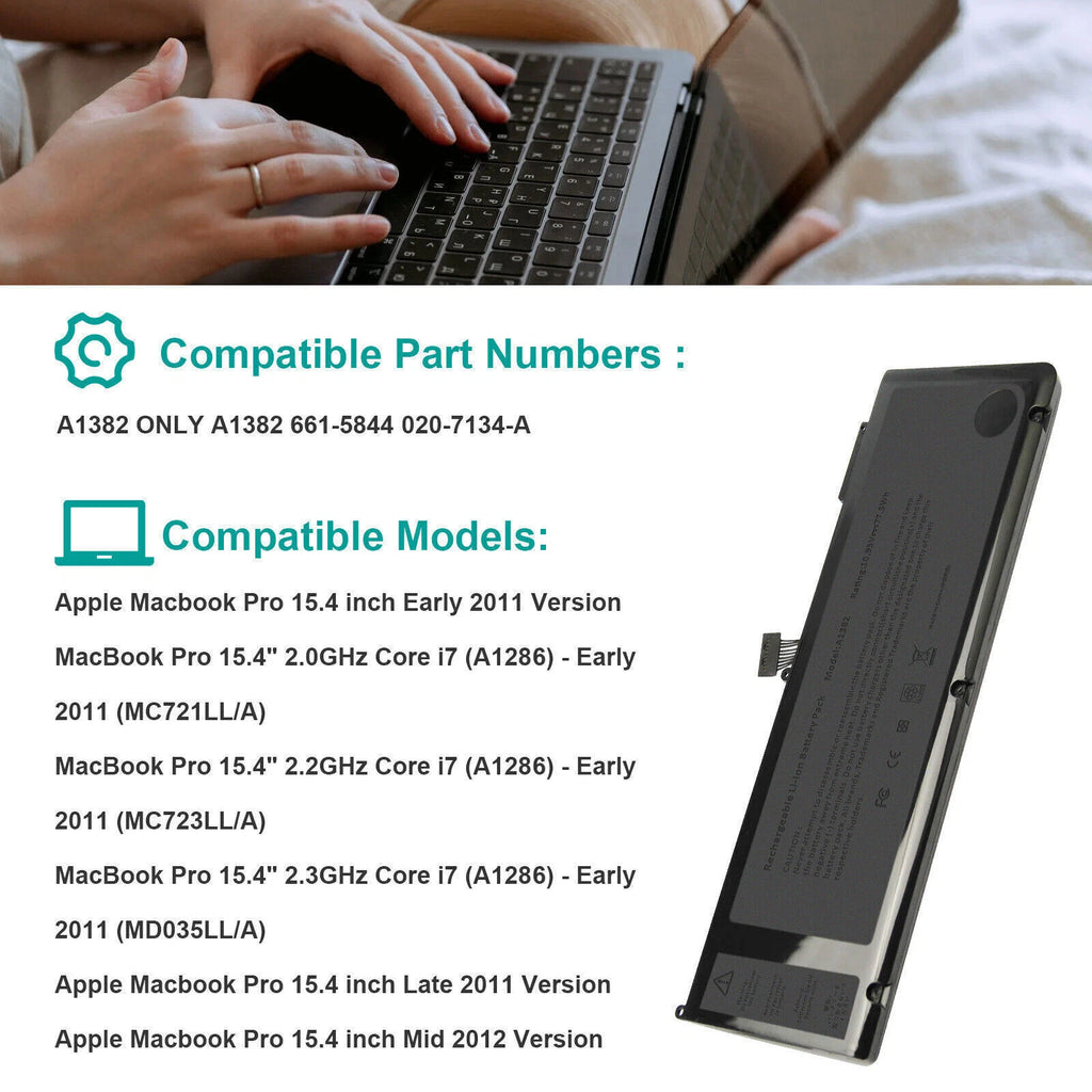 A1382 Battery For MacBook Pro 15" A1286 Early /Late 2011 Mid 2012 10.95v 77.5Wh