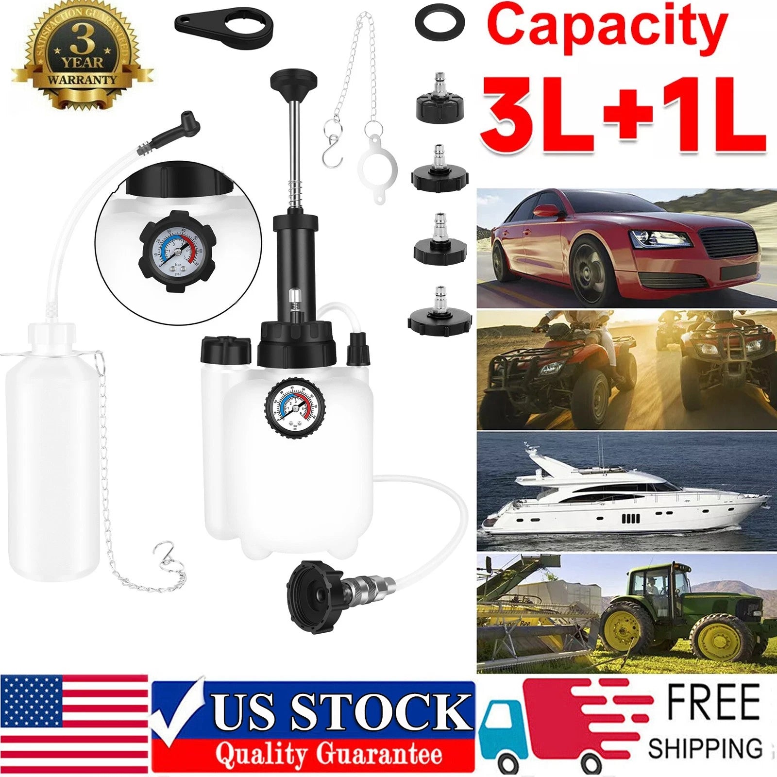 3L Manual Pressure Car Brake Bleeding Clutch Fluid Bleeder Kit Vacuum Tool Pump