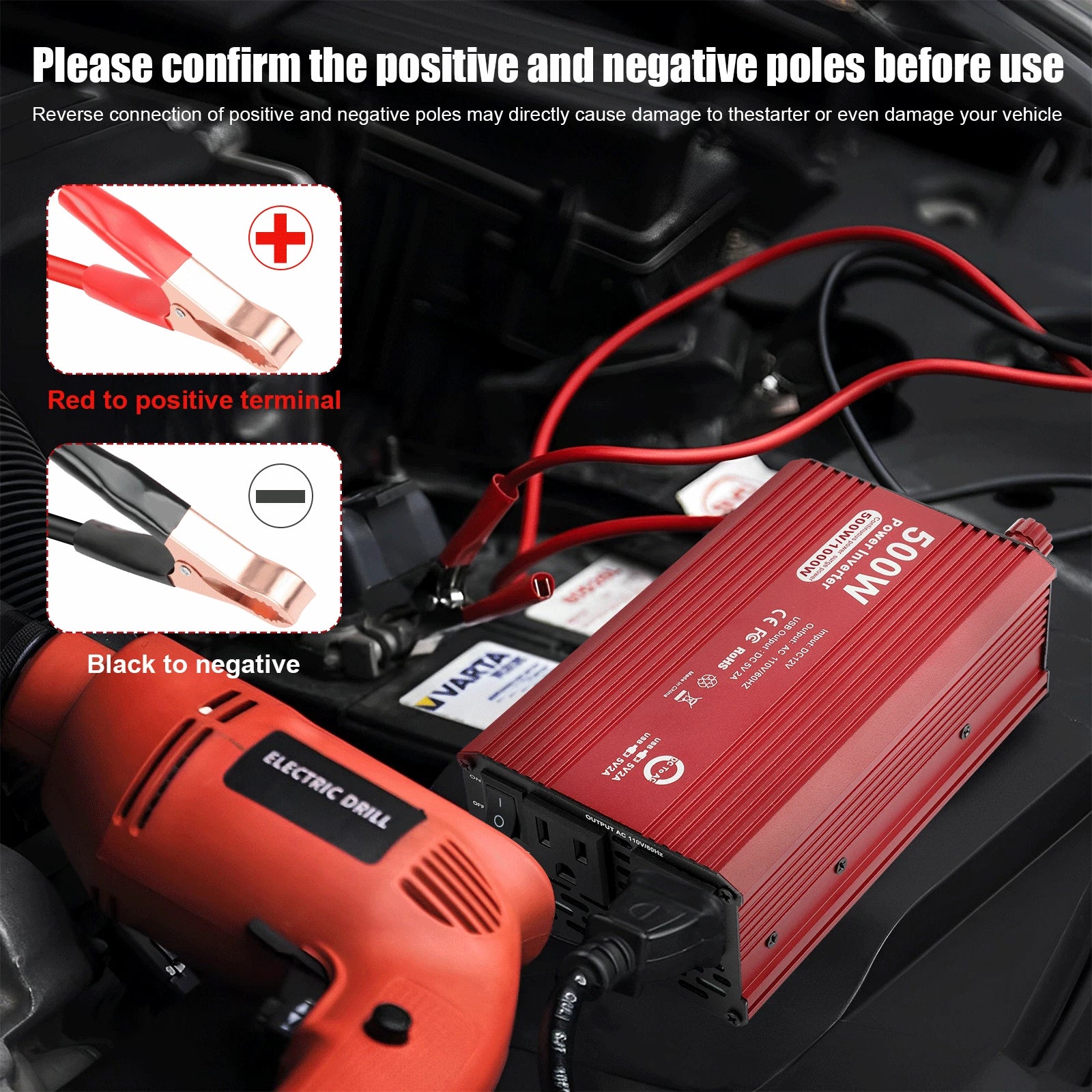 500W/1000W Dual DC 12V to 110V AC Outlets Power Inverter Car Adapter 2 USB Ports