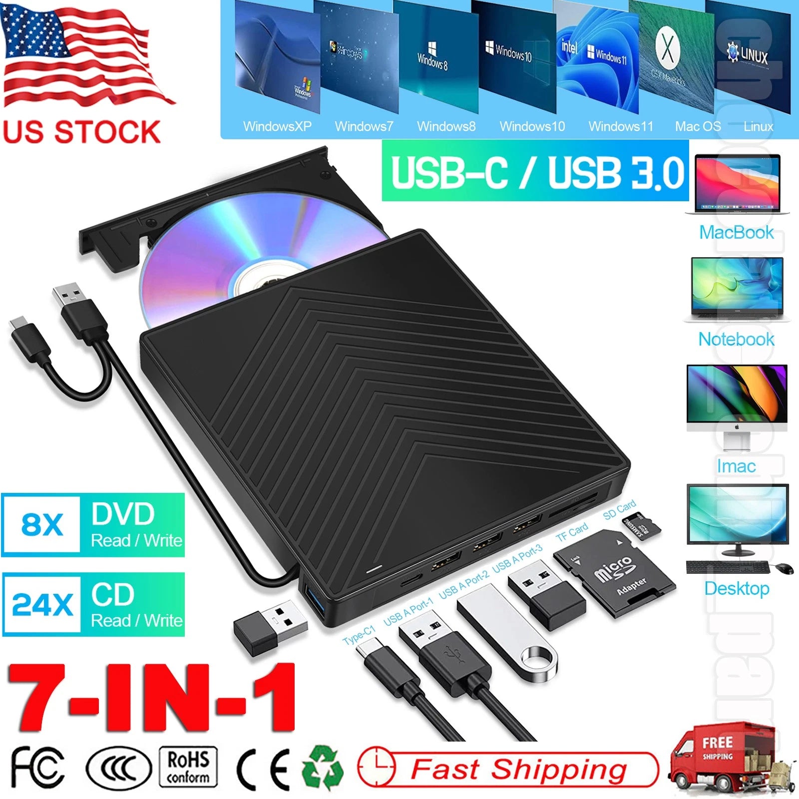 External CD DVD Drive USB 3.0 Writer Burner Player for PC Laptop Windows 11 10