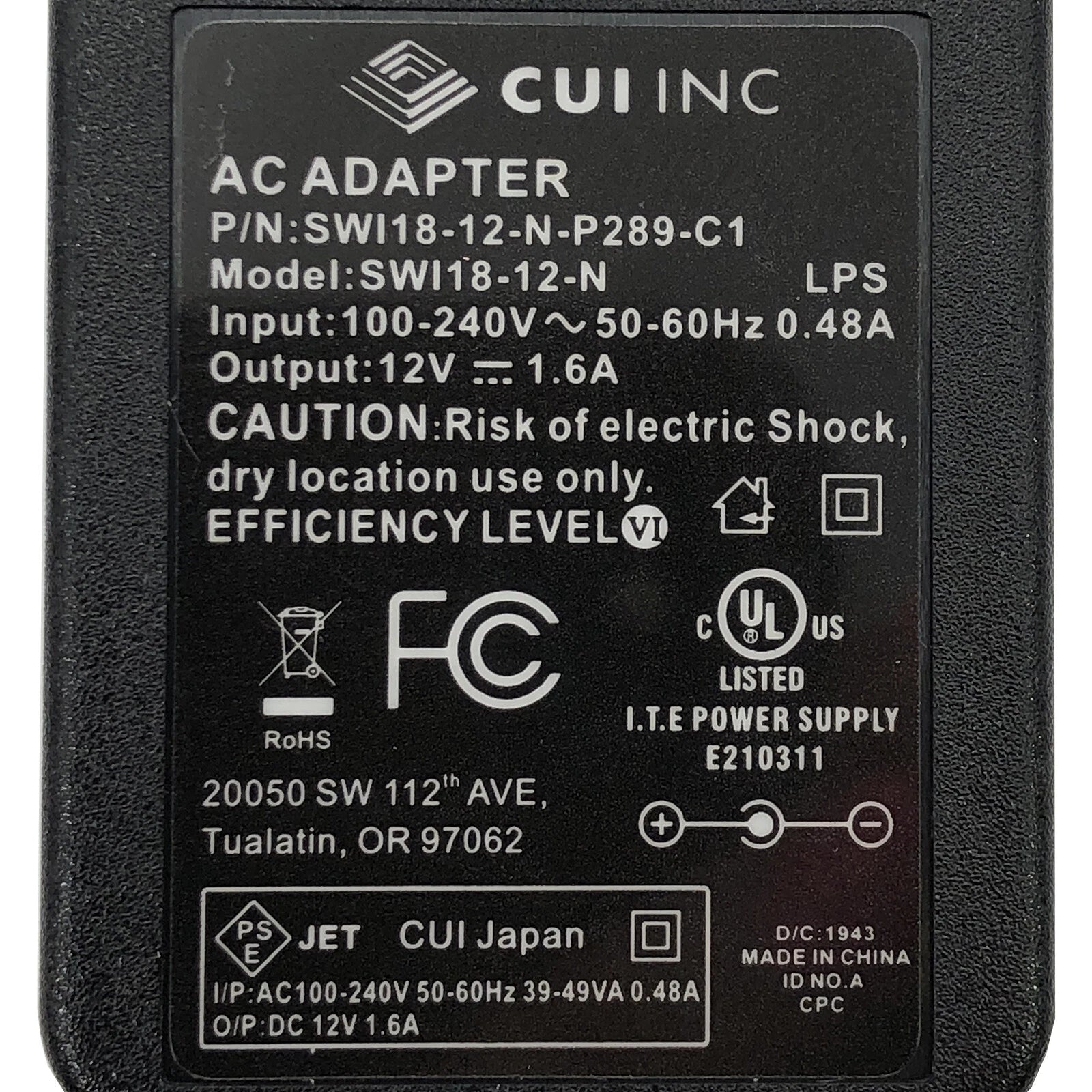 NEW Original CUI Inc SWI18-12-N SWI18-12-N-P289-C1 Wall Adapter 12V 1.6A