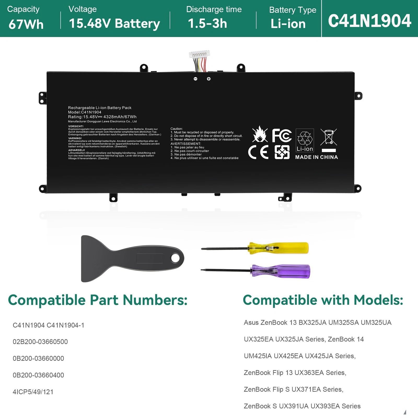 Battery C41N1904 For Asus ZenBook 13 BX325JA UM325SA UM325UA UX325EA 15.48V 67Wh