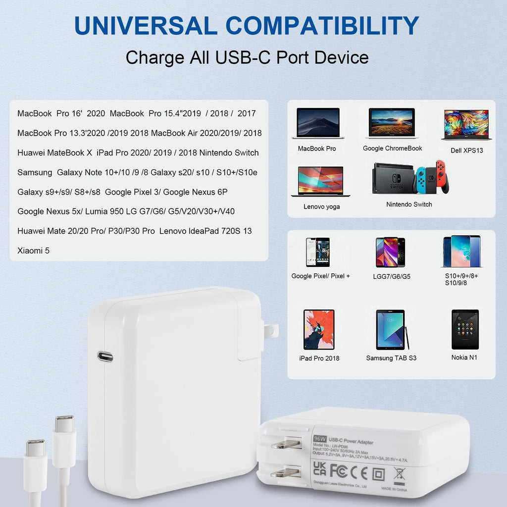96W USB-C Power Adapter Type C Charger For MacBook Pro 16'' 15'' 14'' 13'' 12''