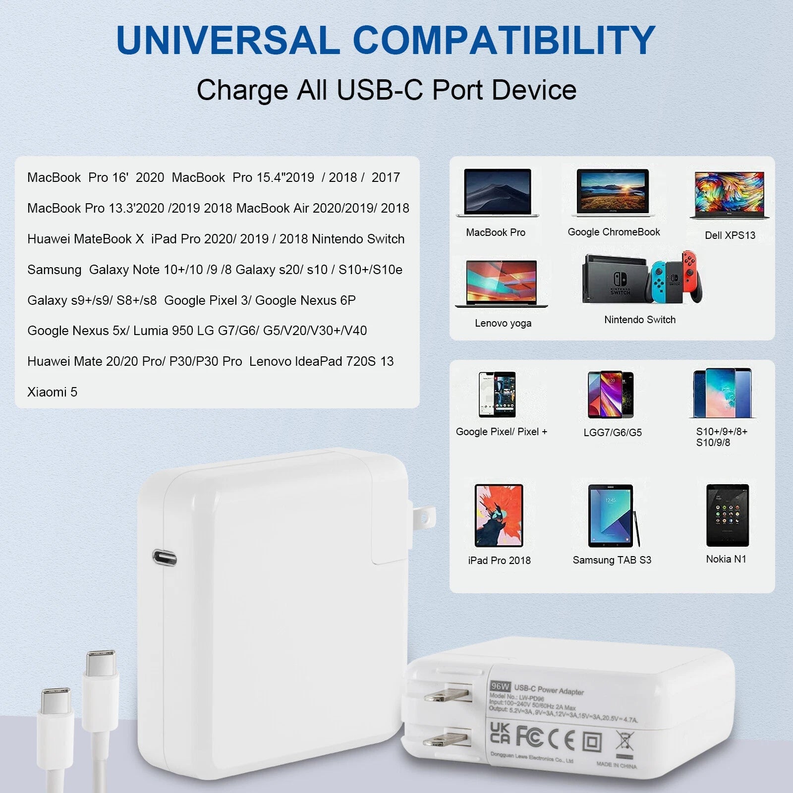 96W USB-C Power Adapter Type C Charger For MacBook Pro 16'' 15'' 14'' 13'' 12''