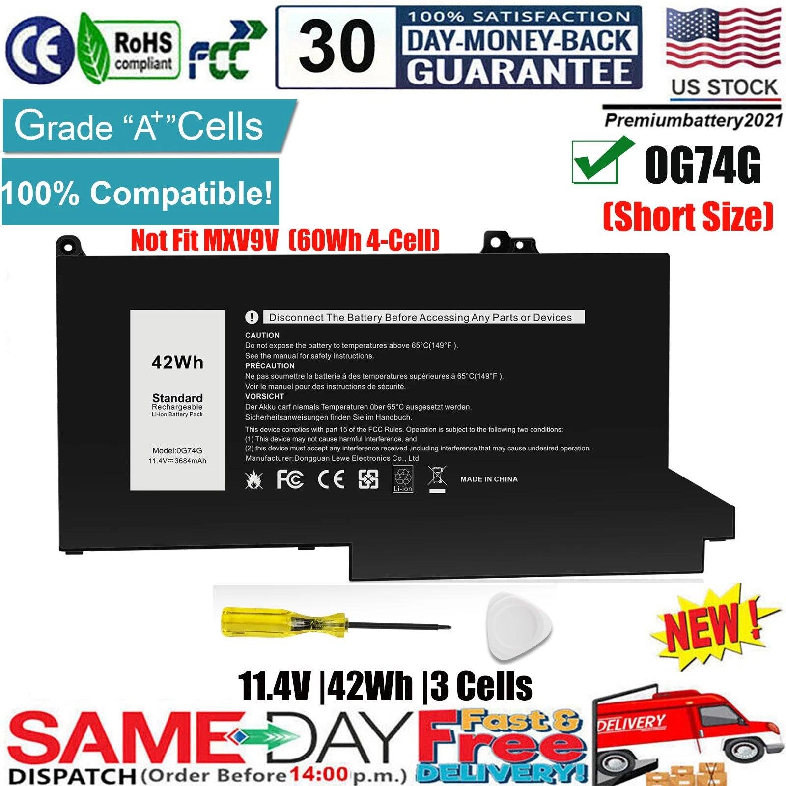 ?0G74G 02PFPW Battery for Dell Latitude 5300 5310 7300 7400 P97G001 P97G002 P96G
