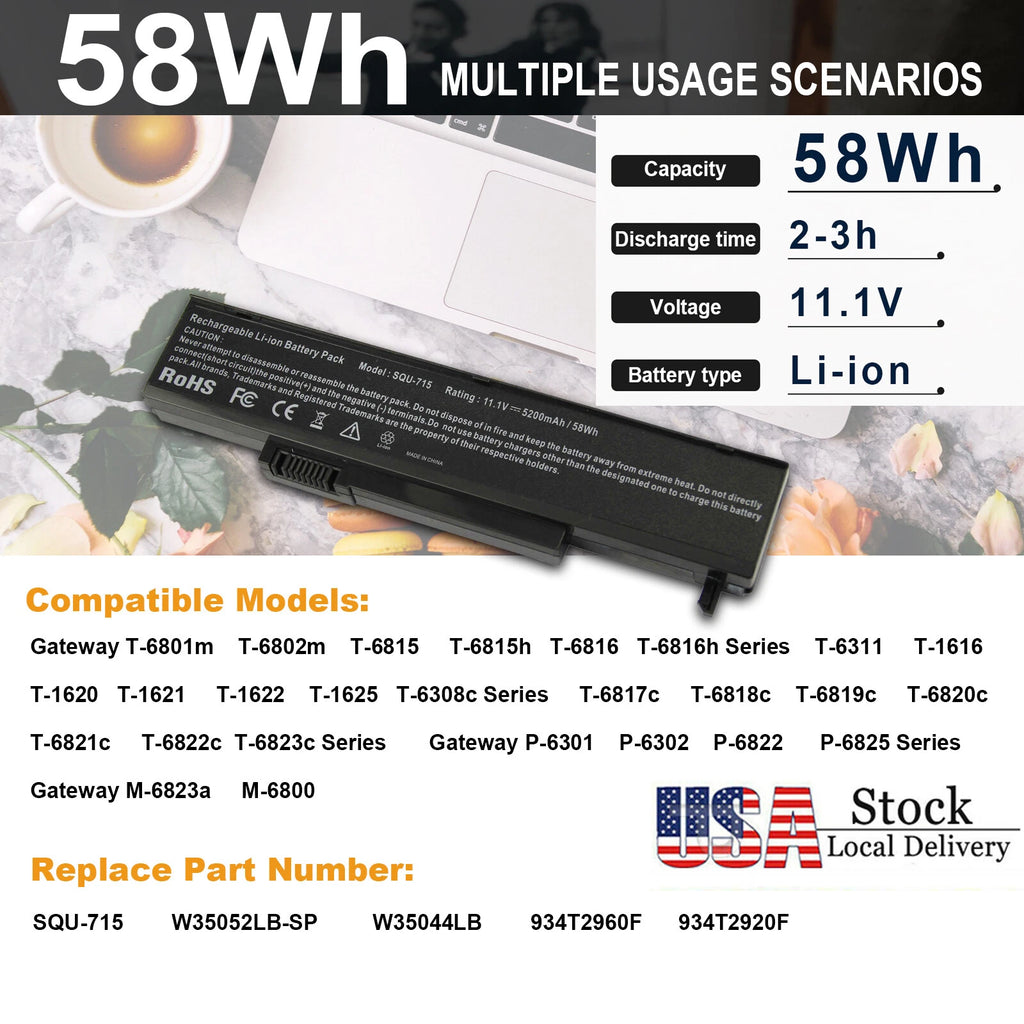 SQU-715 Battery For Gateway SQU-720 W35044LB W35044LB-SY W35052LB W35044LB-SP US