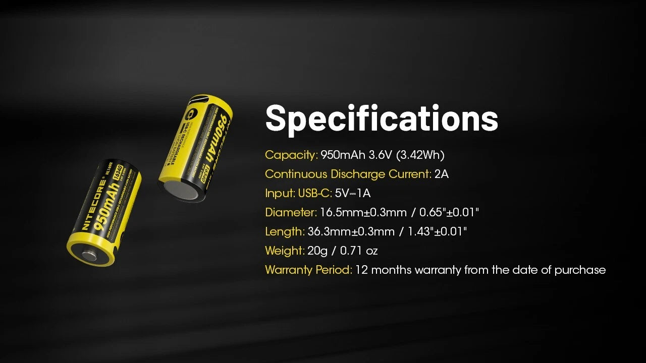 Nitecore NL169R 950mAh Rechargeable RCR123 / 16340 Battery w/USB-C Charging Port